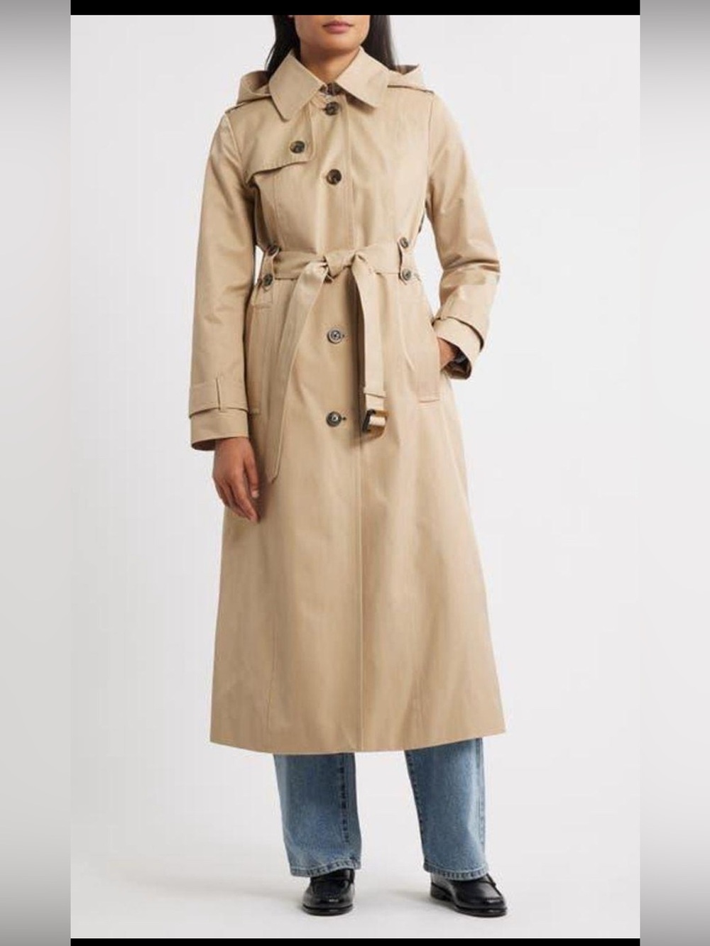 London Fog Beige Hooded Maxi Trench Coat Women’s Size Small Belted Classic